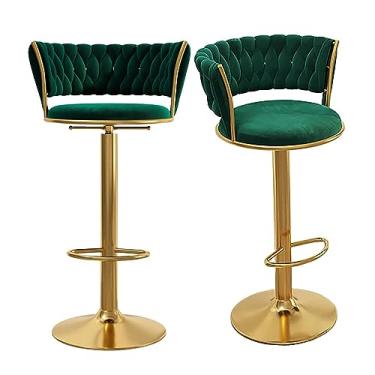 Imagem de Conjunto de 2 banquetas de veludo giratórias de 360° com 2 bancos altos ajustáveis de altura para cadeira moderna e simples com encosto e apoio para os pés para cozinhas, salas de jantar, café