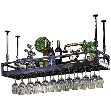 Imagem de Prateleira de vinho Organização de Cozinha Suporte de Garrafa de Vinho Feito de Metal Ferro Preto Prateleira de Teto Montagem na Parede Rack de Vinho Taças de Vidro Champanhe Taças de Taça