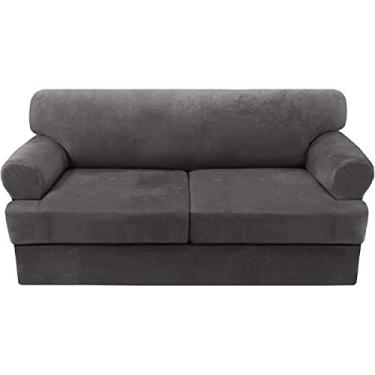 Imagem de SPOUR Capas de sofá de veludo de luxo Capas de sofá de pelúcia ultra macias com capas de almofada de assento T separadas, capas de sofá elásticas sem bolinhas lavável protetor de móveis (cor: cinza