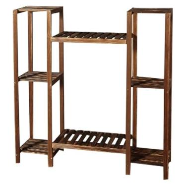 Imagem de Prateleira organizadora de flores de madeira para plantas, bonsai e vasos de flores, 5 camadas de madeira carbonizada, suporte de armazenamento com design em forma de S
