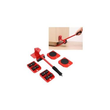 Imagem de Kit Levantador de Móveis, Conjunto com Alavanca e 4 Rodinhas, Vermelho, Metal e Plástico, Capacidade 150kg, para Movimentação de Cargas