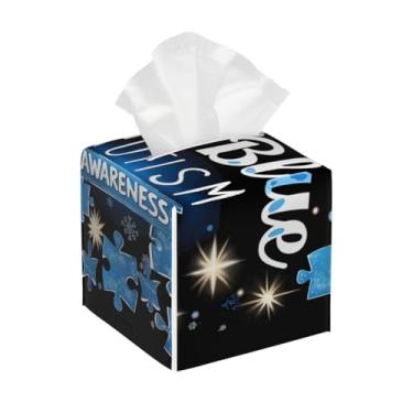 Imagem de Porta-lenços de papel quadrado de couro à prova d'água azul autismo palavra facial organizador de papel com cinto inferior cubo estojo de lenços para mesa, banheiro, escritório, mesa, carro