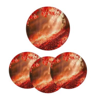 Imagem de Jogo americano redondo trançado de 38 cm, conjunto com 6 folhas laváveis, luz solar, círculo, floresta, resistente ao calor, para cozinha, mesa de jantar, festa de casamento, decoração de casa