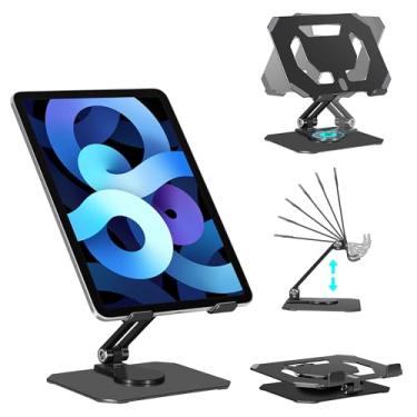 Imagem de Suporte para tablet para mesa, suporte portátil de alumínio ajustável com rotação de 360°, base dobrável, resistente, compatível com iPad, preto