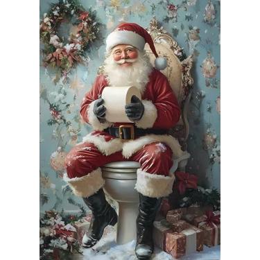 Imagem de CATOSORB Arte de parede de Natal vintage, Papai Noel sentado no vaso sanitário, impressões de arte de parede para sala de inverno, decoração de pôsteres de Natal, presentes de decoração de Natal para