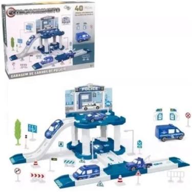 Imagem de Pista Estacionamento de Brinquedo Policial com 40 Peças, 2 Carrinhos, Helicóptero, Plástico, 230g, Tema Policial