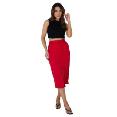 Imagem de Saia Alfaiataria Midi com Fenda em Linho Elegante Moda Evangélica - IV