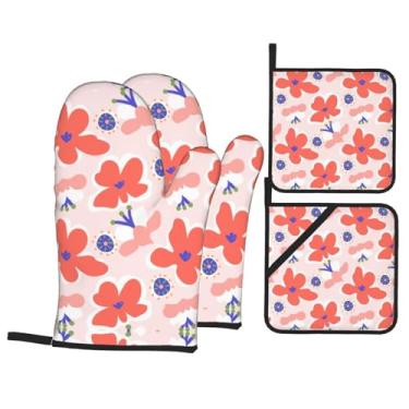 Imagem de Conjunto de luvas de cozinha estampadas com suportes de tampa, luvas de forno resistentes ao calor para manusear panelas quentes, grelhar, churrascos, kit de 4 peças.