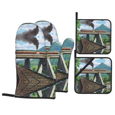 Imagem de Conjunto de luvas de cozinha estampadas com suportes de tampa, luvas de forno resistentes ao calor para manusear panelas quentes, grelhar, churrascos, kit de 4 peças.