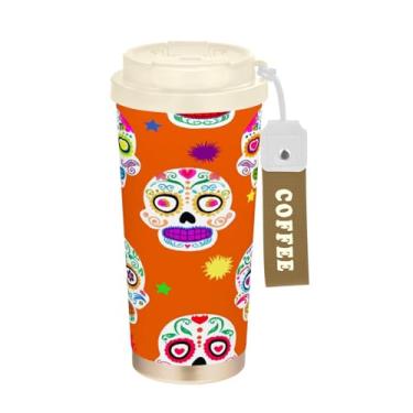 Imagem de STAYTOP Linda caneca de café de viagem com isolamento de caveira de açúcar de 500 ml, copo de café reutilizável de aço inoxidável com tampa flip à prova de vazamento à prova de vazamento para