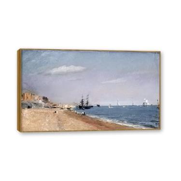 Imagem de Moldura de teca. Arte em tela romantismo estilo constável, (praias e mineiros de ouro), pintura de paisagem inglesa emoldurada, decoração de parede elegante para sala de estar escritório. 80 x 136 cm