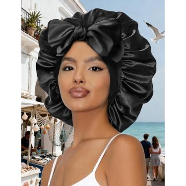 Imagem de Touca feminina de seda para dormir com faixa ajustável para cabelo encaracolado natural preto