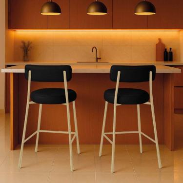 Imagem de Banqueta Cozinha Média Com Encosto Industrial Champanhe Kit 2 Londres Pu Preto D03 - D`rossi