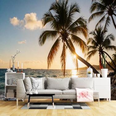 Imagem de Murais de parede de tamanho personalizado, praia tropical nascer do sol/pôr do sol palmeiras sol dourado tecido de parede autoadesivo (sem PVC) papel de parede grande removível para sala de estar