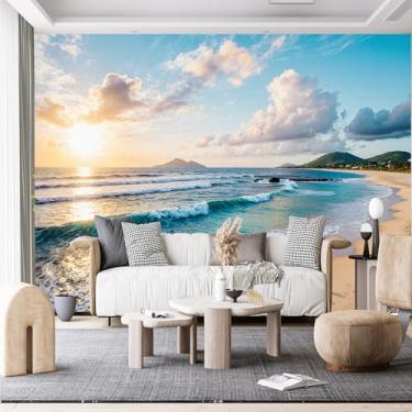 Imagem de Murais de parede de tamanho personalizado, praia pôr do sol ondas suaves céu azul claro dourado tecido de parede autoadesivo (sem PVC) papel de parede grande removível para sala de estar, quarto