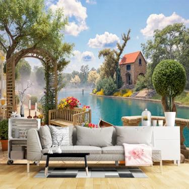 Imagem de Murais de parede de tamanho personalizado, pérgola de madeira para pátio de pedra, flores vibrantes, tecido de parede autoadesivo (sem PVC) Papel de parede grande removível para sala de estar, quarto