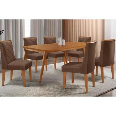 Imagem de Sala Jantar Mesa Havana Tampo Curvo 180cm+6 Cadeiras Pietá Madeira Naturale - Capuccino/Suede Marrom - Rufato