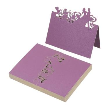 Imagem de PATIKIL 50 peças de cartões de casamento, cartões de nome, papel com glitter, etiquetas de assento dobradas para mesa, buffet, recepção, jantar, festa, roxo escuro