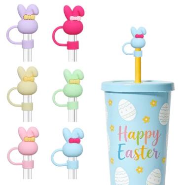 Imagem de 6 peças de capas de palha de coelho da Páscoa de silicone fofo de coelho de 10 mm capas de ponta de canudo de animal reutilizável para acessórios de copo de Páscoa