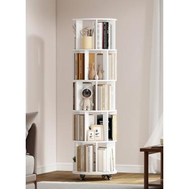 Imagem de Estante rotativa de 5 andares, estante rotativa de 360°, estante giratória de madeira, alta e estreita, com armazenamento e estrutura robusta para quarto, sala de estar, escritório (branca)