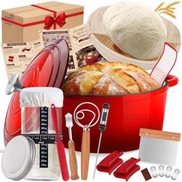 Imagem de Panela de forno holandês de ferro fundido esmaltado com tampa, incluindo suprimentos de cozimento de pão de fermento como cesta à prova de pão Banneton, pote iniciante, ferramenta de pontuação lame