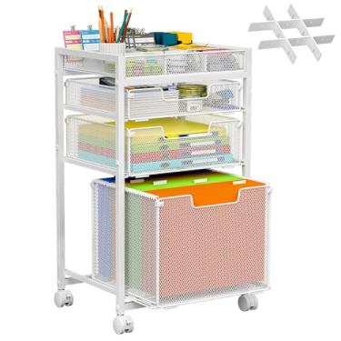 Imagem de JKsmart Carrinho de arquivo com 3 gavetas de armazenamento, armário de arquivo sob a mesa com divisor faça você mesmo, organizador de pastas de arquivo pendurado sobre rodas, serve para tamanho A4