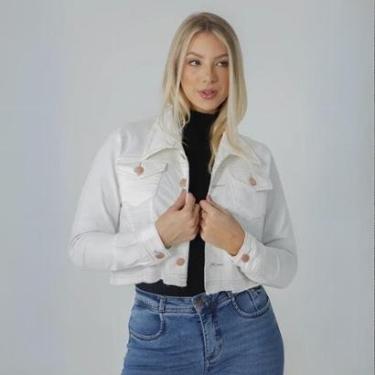 Imagem de Jaqueta Feminina Cropped Jeans com Bolsos Frontais Fecho em Botão Gola Tradicional-Feminino