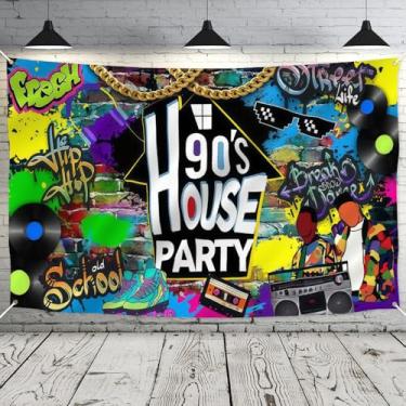 Imagem de Beorni Pano de fundo de festa dos anos 90 para tema hip hop, faixa de parede de tijolos de grafite retrô de 1,8 x 1,1 m com rádio vintage, decorações de festa em casa dos anos 90 para aniversário e