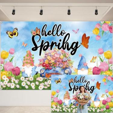 Imagem de Pano de fundo de primavera, 177 x 109 cm, faixa de fundo de flores para sessão de fotos, caminhão, azul, gnomo, flor, parede, com borboleta floral vibrante, decoração interna ao ar livre, para festa