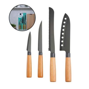 Imagem de Kit Conjunto 4 Facas Aço Cabo Madeira Lâminas Corte Cozinha - Kadê
