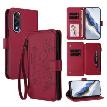 Imagem de Capa carteira para OnePlus Nord 5 5G com porta-cartão, bolso com zíper e alça longa - capa fólio de couro com fecho magnético, suporte, capa feminina anti-impressão digital (vermelha)