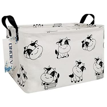 Imagem de ONOEV Cesta de lavanderia dobrável retangular, cesta de lona, cesto Nersury, adequado para crianças, escritório, quarto, roupas, armazenamento de brinquedos (vaca REC)