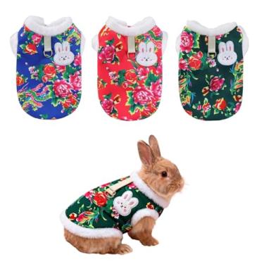 Imagem de 3 peças de fantasia de coelho, jaqueta acolchoada floral de ano novo, colete quente fofo e festivo para as férias, adequado para coelhos, furões, gatinhos, filhotes e outros animais de estimação