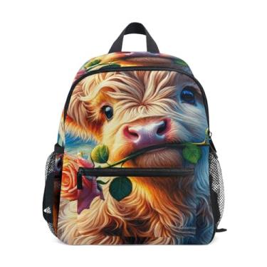 Imagem de GAIGEO Starry Highland Cattle Calf Rose Floral Small Backpack for Kids with Whistle, Adjustable Chest Strap, Girls School Backpack Lightweight & Compact for Ages 3-8