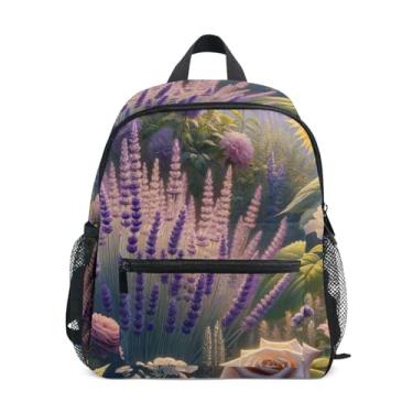 Imagem de GAIGEO Lavenders Peony Roses Hemp Toddlers Backpack, 10x4x12 In, Small Backpack for Girls Includes Water Bottle Pockets, Whistle Clip for Safety