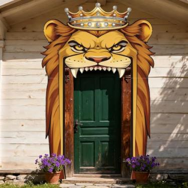 Imagem de WADORN Decoração de faixa de porta de leões, banners de aniversário de animais selvagens, foto de alpendre, coroa de leões, cenário de fundo para fotografia de zoológico, artigos de decoração de festa