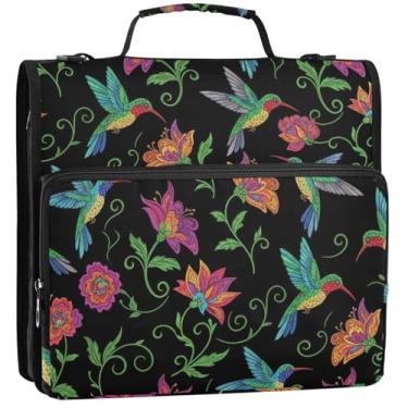 Imagem de Colibris coloridos com flores, preto, 3 anéis, 3 anéis, fichário com zíper, bolsa para fichários escolares com alça de ombro, vários bolsos, pasta grande, 34,5 x 31,5 x 9 cm