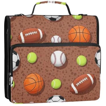 Imagem de Bolas esportivas de desenho animado, 3 anéis, 3 anéis, organizador de fichário com zíper, bolsa de fichário para ensino médio com alça, portfólio fofo e suporte de pasta, 34,5 x 31,5 x 9 cm
