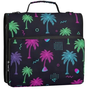 Imagem de Pasta para estudantes com 3 anéis de 3,8 cm, palmeiras tropicais, néon, com zíper, organizador de fichário, vários bolsos, pasta de portfólio grande com alça, 34,5 x 31,5 x 9 cm