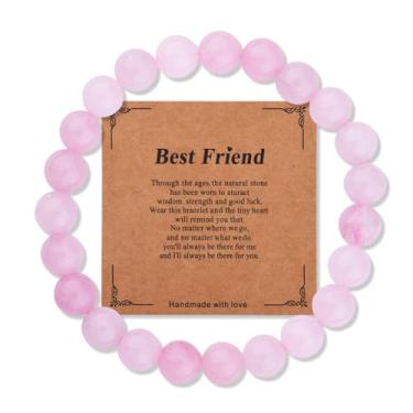 Imagem de Pulseira de cristal rosa para melhor amiga, presente de Natal, aniversário, amizade, para mulheres, amigas, pulseiras feitas à mão com pedras naturais para sua melhor amiga presente de longa distância