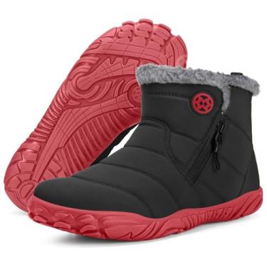 Imagem de Botas femininas masculinas para neve de inverno, botas quentes no tornozelo, sola sem queda, bico largo, forradas com pele, tênis para uso ao ar livre, Preto/vermelho, 12 Wide Women/10.5 Wide Men