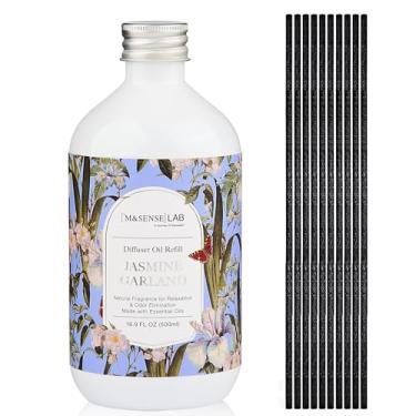 Imagem de M&SENSE Refil de óleo difusor de palheta, 500 ml com 10 palitos de palheta vazados, fragrância caseira com aroma de guirlanda de jasmim, refis de óleo perfumado, óleos essenciais naturais para