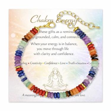 Imagem de Long tiantian Pulseira feminina de 7 chacras com contas coloridas estilo chacra com cordão ajustável, joia de equilíbrio simbólico com cartão de significado, Large, Pedra, Sem Pedra Preciosa