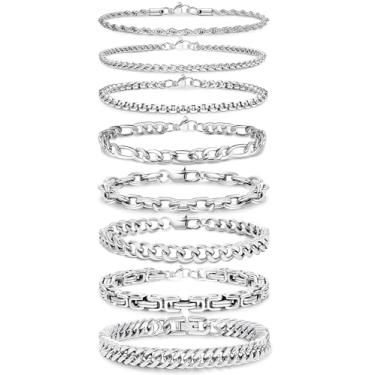 Imagem de AFSITNIG 8 peças de pulseiras de aço inoxidável para homens e mulheres pulseira de elos cubanos resistente corda de freio fígaro conjunto de pulseiras de corrente conjunto de pulseiras joias presentes