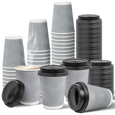 Imagem de Ginkgo Pacote com 100 xícaras de café de papel com tampas, copos quentes descartáveis de parede dupla com isolamento ondulado de 340 g para bebidas quentes, lattes, copos de viagem, médio, cinza