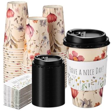 Imagem de Lallisa Pacote com 50 xícaras de café descartáveis de flores silvestres de 473 ml, com tampas e mangas, flores de primavera, copos de papel, para casamento, aniversário, bebidas quentes e frias