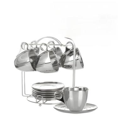 Imagem de Jogo 6 Xicaras Para Café Chá De Vidro Com Pires E Suporte De 170ml (Prata,170ml)