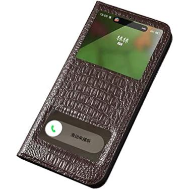 Imagem de FULNES Capa de telefone de janela transparente flip de couro com textura de crocodilo, para Apple iPhone 14 Plus Case 2022 Folio Kickstand Cover, pode atender chamadas rapidamente (Cor: marrom)