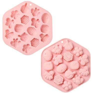 Imagem de Ipotkitt 2 moldes de silicone para doces com tema de abelha rosa inseto animal primavera moldes de goma para geleia fondant chocolate doce mousse bolo de gelo DIY artesanato Keto bomba de gordura