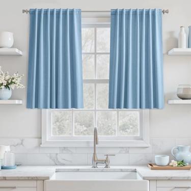 Imagem de UHITECH Cortinas curtas de linho 91 cm de comprimento para janela da cozinha sobre a pia da sala de estar cortinas blackout aba traseira azul preto cortinas para quarto de meninos painéis térmicos